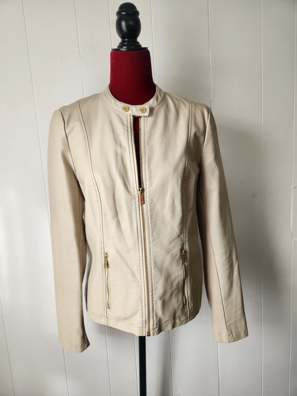 Calvin Klein Cream Leather Zip Jacket with Gold Hardware Sz Medium